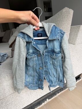 GAP Light Blue Denim Jacket with Grey Hoodie Sleeves